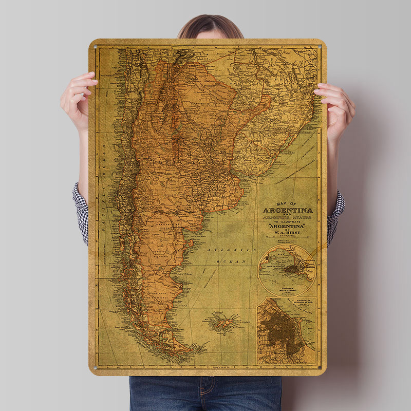 Custom Map Poster - Vintage Map of Argentina Tin Poster