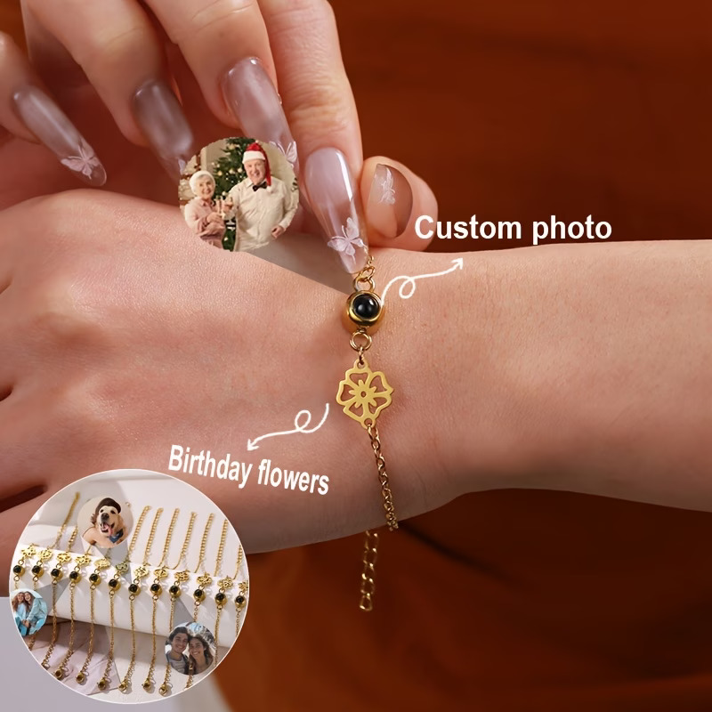 Birth Flower Necklace - Custom Photo Bracelet Stainless Steel Chain