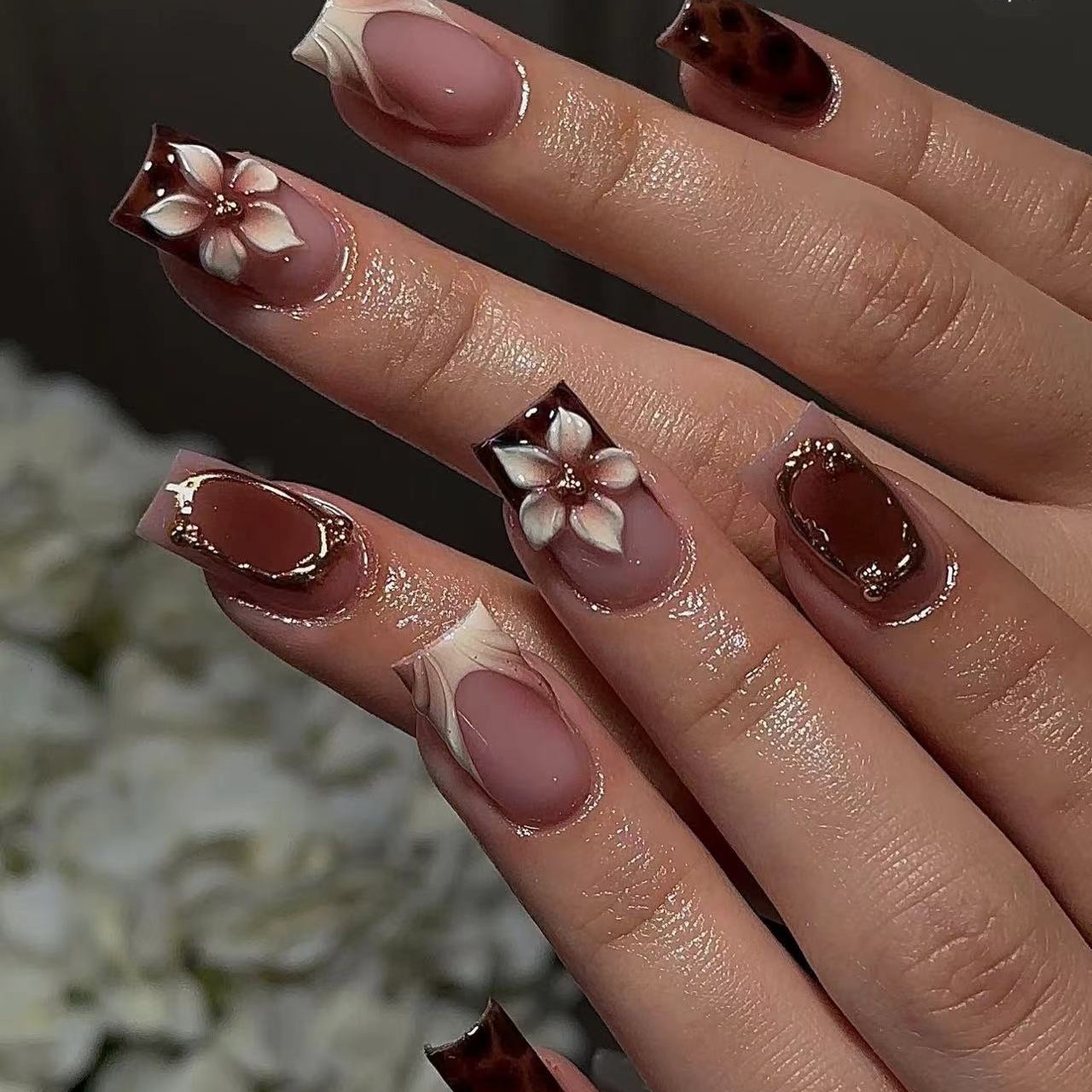 Pressed Flower Art - Short square fake nails for women