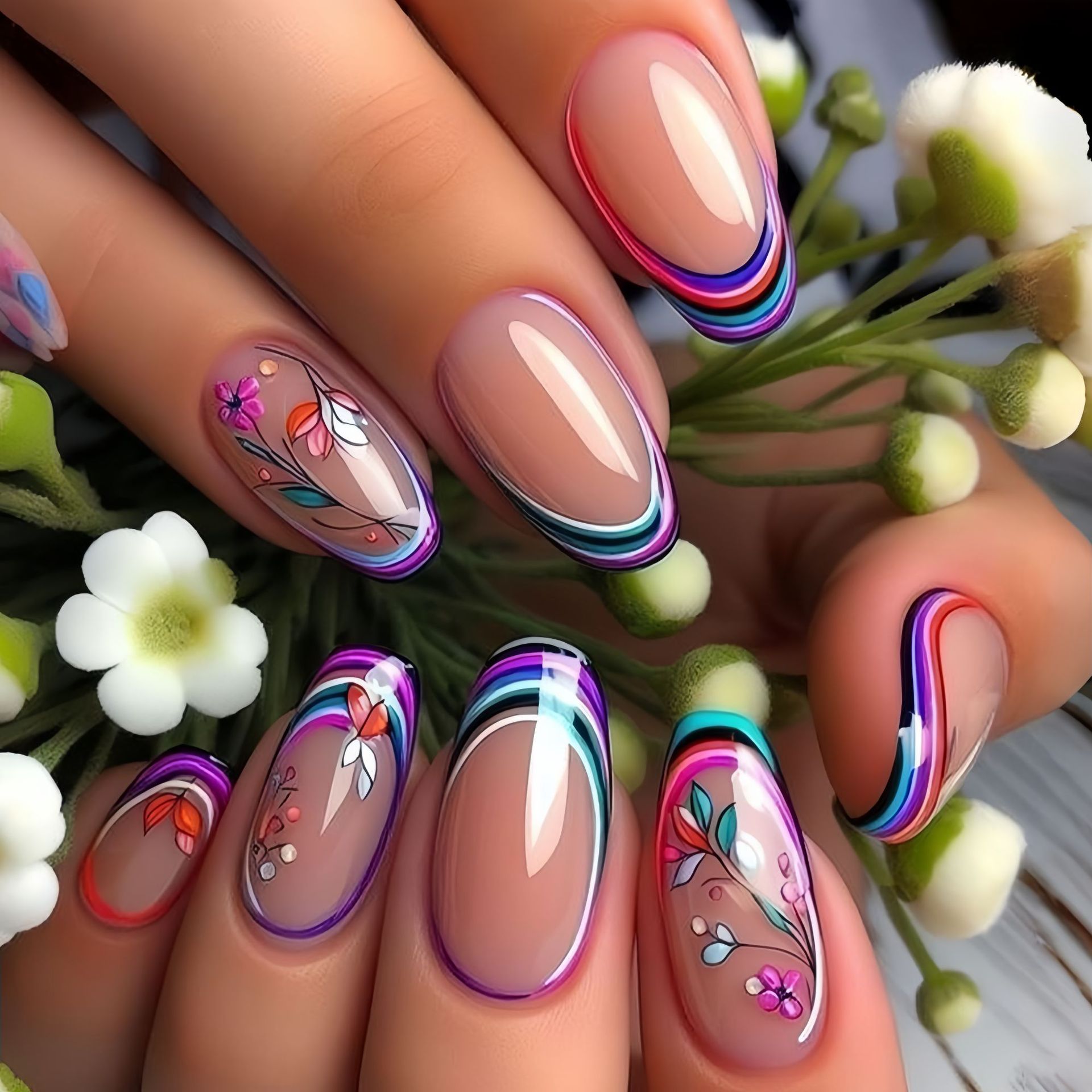 Medium fake nails for women gi - Pressed Flower Art review and price
