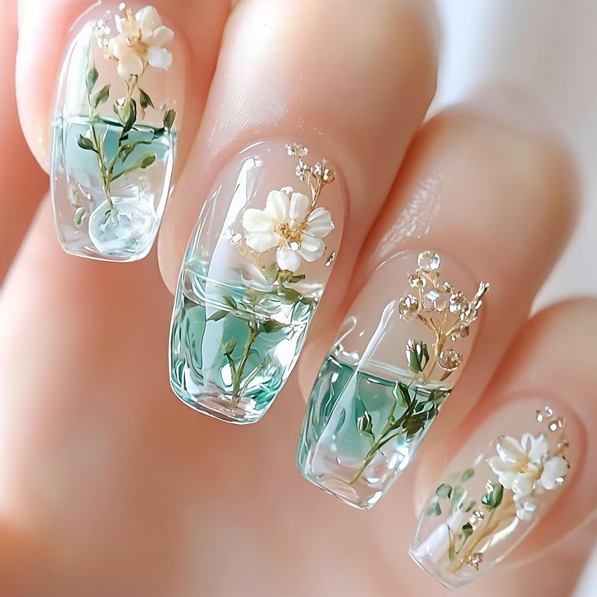 Medium fake nails for women gi - Pressed Flower Art review and price